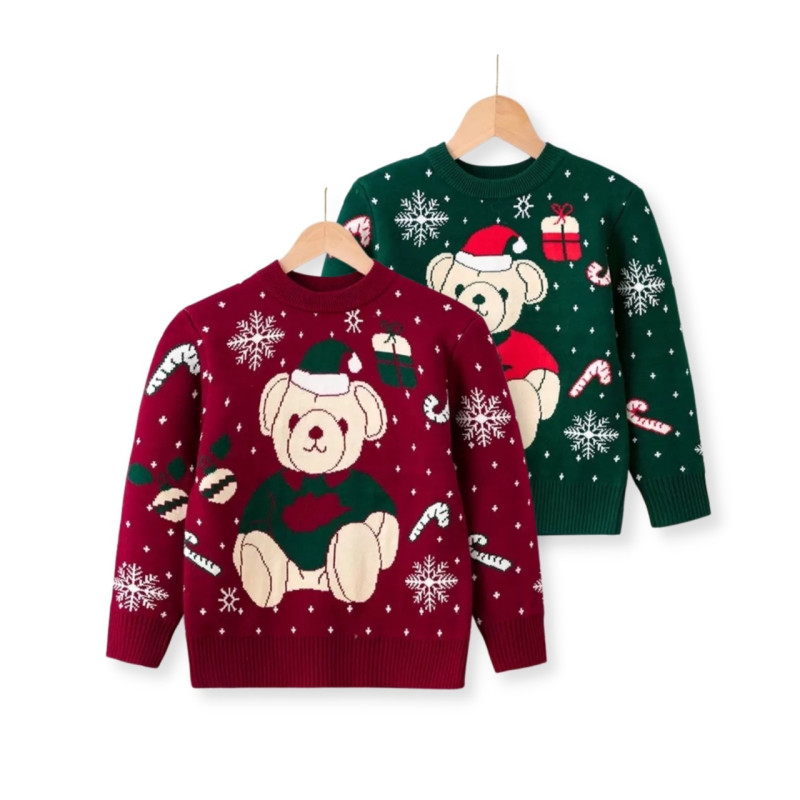 2Y-6Y Teddy Bear Print Sweater Winter Crew Neck Knit Top